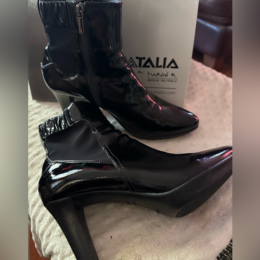 Aquatalia Weatherproof Black Patent Leather Ankle Boots